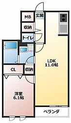 フルールRARA 2階1LDKの間取り