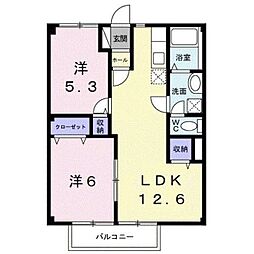 カーム松本Ｂ 1階2LDKの間取り