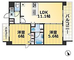 プレサンス三宮東フィール 12階2LDKの間取り