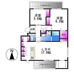 近鉄奈良線 河内花園駅 徒歩14分の賃貸アパート 3階2LDKの間取り