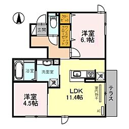 近鉄大阪線 長瀬駅 徒歩9分の賃貸アパート 1階2LDKの間取り