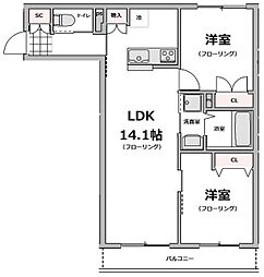 都営新宿線 船堀駅 徒歩10分の賃貸マンション 2階2LDKの間取り