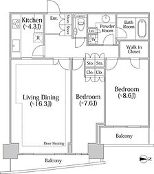 河田町ガーデン クラブフロア 33階2LDKの間取り