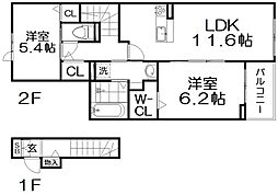 寝屋川市新家1丁目アパート 2LDKの間取図画像