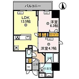 JR大阪環状線 天王寺駅 徒歩8分の賃貸マンション 4階2LDKの間取り