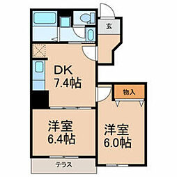 マリブコートみさき2 2DKの間取図画像