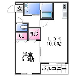 フジパレス中之島II番館 2階1LDKの間取り