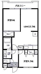 ヒルサイドフラッツB棟 2LDKの間取図画像