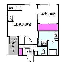 ハーモニーテラス安立IV 3階1LDKの間取り