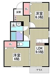 グレースセレノ小山 1階2LDKの間取り