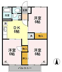 セジュール華仙 2階3DKの間取り