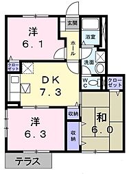 リヴィエール岩出2 3DKの間取図画像