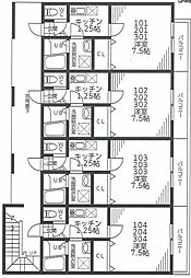 京王相模原線 南大沢駅 徒歩12分の賃貸アパート 3階1Kの間取り