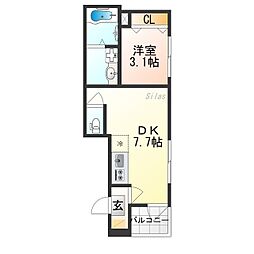 アミティア円町 2階1DKの間取り