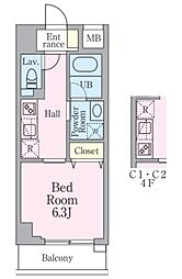 ジョイヴィレッジ瑞江 4階1Kの間取り