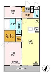 プランドール谷中C 2LDKの間取図画像