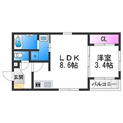 ハーモニーテラス安立IV 2階1LDKの間取り