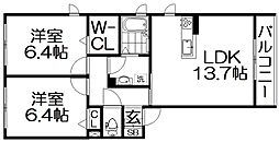 プロヌーブ楠葉朝日 2階2LDKの間取り