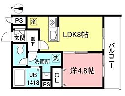 ガーデンヒルズ白鳥II 2階1LDKの間取り