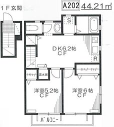 パインコート小平 A棟 2階2DKの間取り