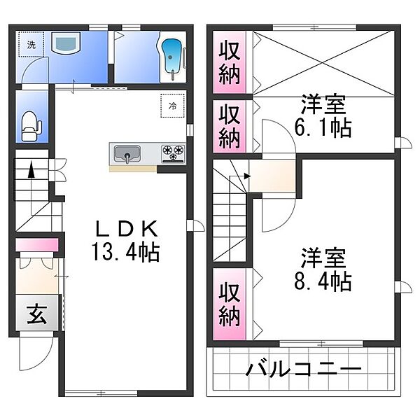 レインボー花山 ｜和歌山県和歌山市鳴神(賃貸テラスハウス2LDK・2階・67.84㎡)の写真 その2