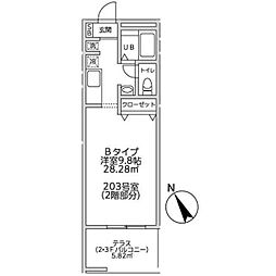 シーズン・テラスM 2階ワンルームの間取り