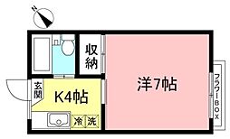 ヴィラ鵜野森 2階1Kの間取り