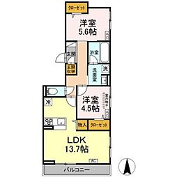 D-comodo小金井貫井北町 3階2LDKの間取り