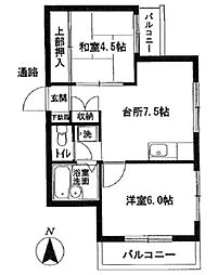コーポ鳥 3階2LDKの間取り