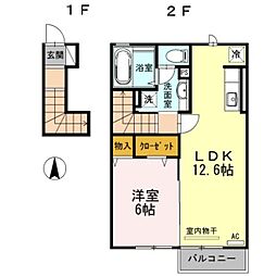 グランシャリオスッド 2階1LDKの間取り