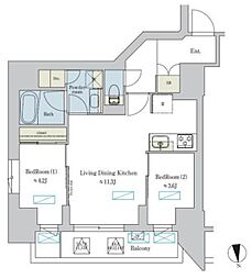 ブリリアイスト浅草 11階2LDKの間取り