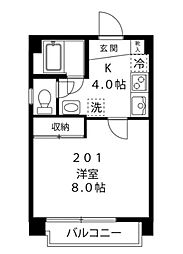 東急目黒線 大岡山駅 徒歩2分の賃貸マンション 2階1Kの間取り