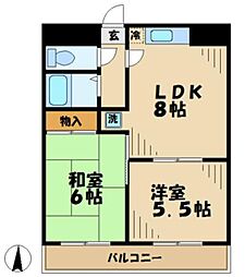 グリーンハイム瓜生 3階2LDKの間取り