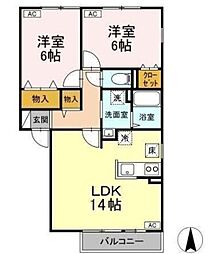 パルアモーレＢ 1階2LDKの間取り