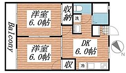 スカイブル梅台 2階2DKの間取り