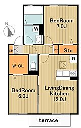 京王相模原線 多摩境駅 徒歩17分の賃貸アパート 1階2LDKの間取り
