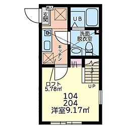 小田急小田原線 本厚木駅 徒歩16分の賃貸アパート 2階1Kの間取り