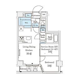 アジールコート山手動坂 6階2LDKの間取り