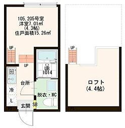 ハーモニーテラス綾瀬III 2階1Kの間取り