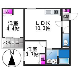 D porta Damrey 2LDKの間取図画像