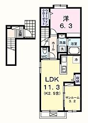 アルドーレII 2階1LDKの間取り