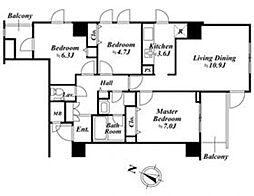 アクロス目黒タワー 7階3LDKの間取り