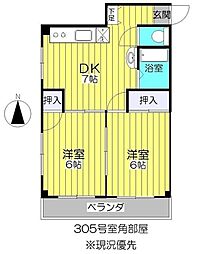 臼井マンション 3階2DKの間取り