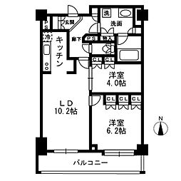 レジディア中落合B棟 6階2LDKの間取り