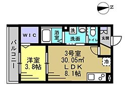 パルブニール浜野 2階1LDKの間取り