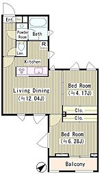 西馬込テラスコート 3階2LDKの間取り