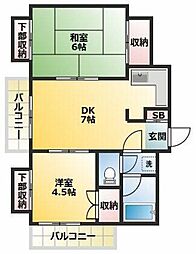 サンフィールドハイツ 2DKの間取図画像