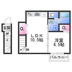 TJ鳴神 2階1LDKの間取り