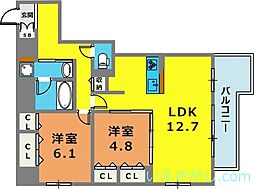エル・イソベ三宮 4階2LDKの間取り