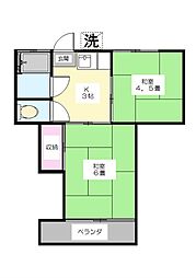 徳三荘 1階2Kの間取り